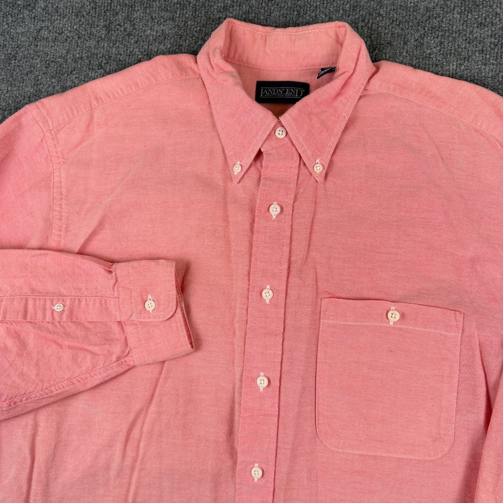 Vintage Lands End Oxford Shirt Mens L Pink Long Sleeve Button OCBD Made in USA